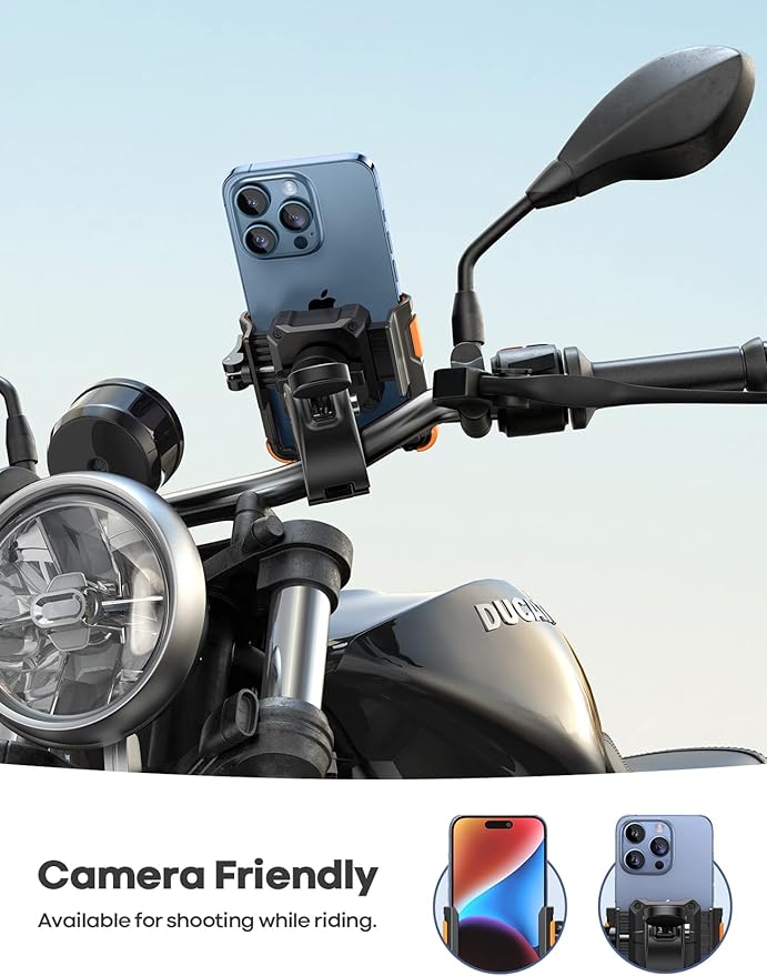 Lamicall Motorcycle Phone Mount Holder - [Camera Friendly] [1s Lock] Bike Phone Holder Handlebar Clamp, Bicycle Scooter Phone Clip, for iPhone Air, 17, 16, 15 Pro Max, Galaxy, 4.7-7" Phones, Orange