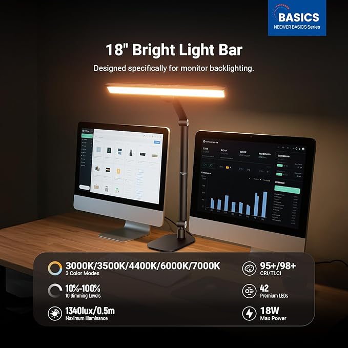 NEEWRE Basics 18" LED Video Light Bar with Base for Desk, 18W Bi Color Eye Friendly Dimmable Overhead Architect Lighting for Video Conference Zoom, 1340lux/0.5m, Touch Control/CRI95+, DL03