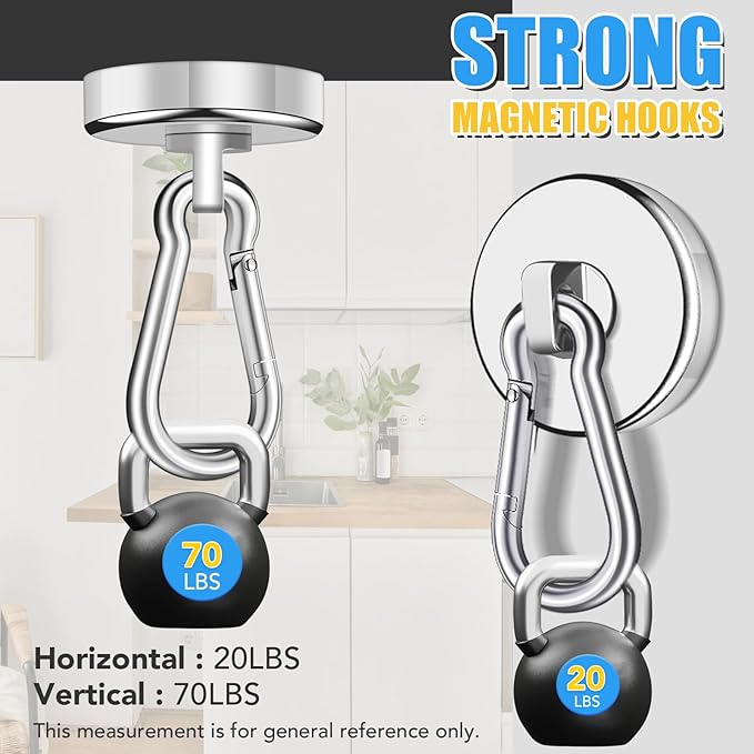 VSKIZ Magnetic Hooks, 70Lbs Heavy Duty Magnetic Hooks with Swivel Carabiner for Cruise Cabins, 6 Pack Extral Strong Neodymium Magnet Hooks for Hanging, Metal Magnetic Hanger for Toolbox, Grill, Fridge