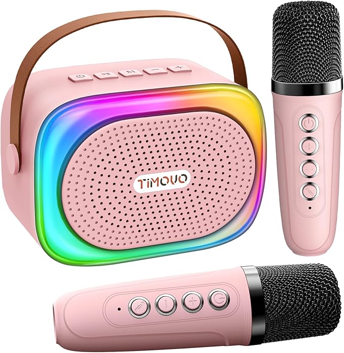 TiMOVO Mini Karaoke Machine, Portable Bluetooth Speaker with 2 Wireless Microphones and LED Lights, Birthday Gifts for Family Home Party, Pink