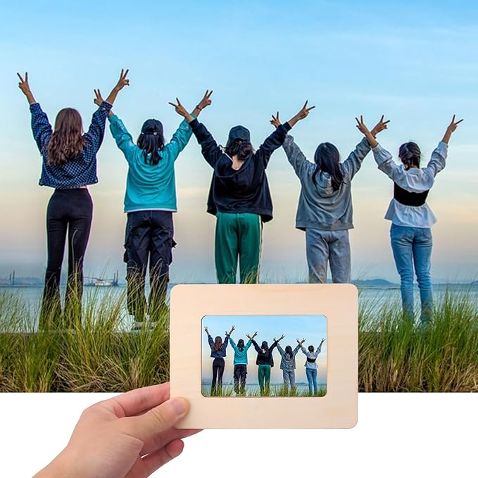 kukmakri 35 PCS Unfinished Wooden Picture Frames Set with 3.54 x 5.12 inch Photos, Wooden Frames for Crafts, Standing Postcard & Photos Picture Frame Set-Suitable for Crafts DIY, Souvenir Decoration