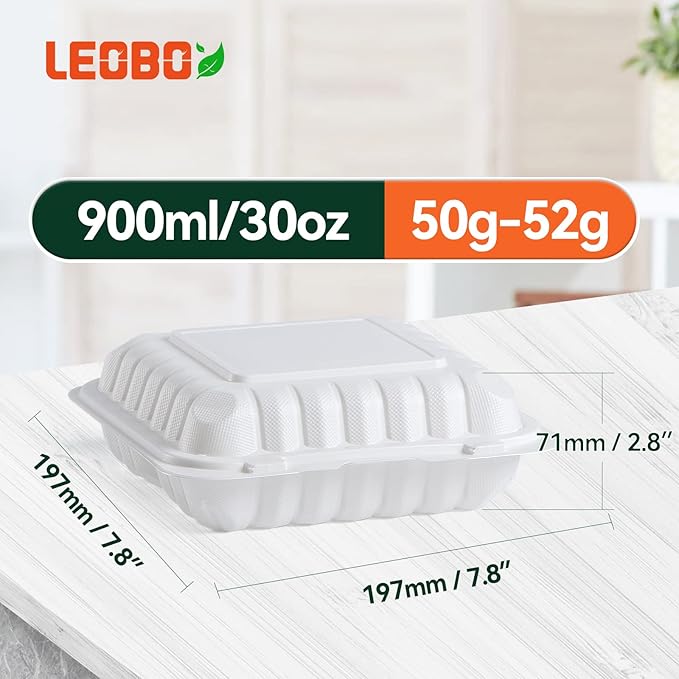 LEOBOX Food Containers Mineral Filled PP Plastic - 7.8 Inch 30oz 65 Pack BPA Free 3 Compartments Shrink Wrap To Go Boxes | Freezer & Microwave Safe for Takeout | White Reusable & Disposable Container