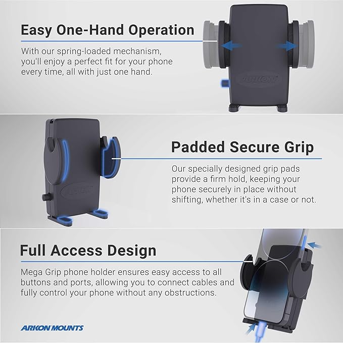 ARKON Mounts Mega Grip Universal Phone Holder | Securely Holds Phones 3.5" Wide | Fit to Pedestals Dual-T Compatible | Compatible with iPhone, Samsung, Google, and More