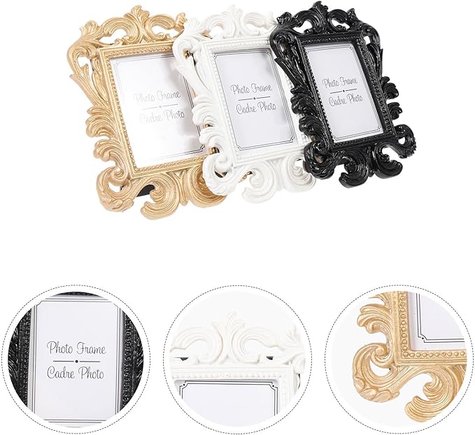 3pcs Mini Baroque Photo Frames Small Vintage Picture Display Stands for Desktop Tabletop Decoration White Black and Antique Gold Square Frame for Home Bedroom Living