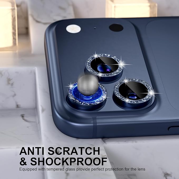 Choiche Compatible for iPhone 17 Pro/iPhone 17 Pro Max Camera Lens Protector Bling, 9H Tempered Glass Camera Cover Screen Protector Metal Ring Decoration Accessories (Glitter-Blue)