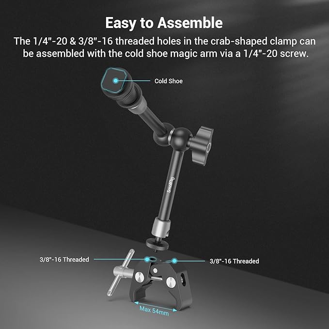 SMALLRIG 11'' Articulating Magic Arm and Clamp w/ 1/4" and 3/8" Thread, Adjustable Friction Power Camera Mount with Cold Shoe Mount for Monitor, LED Lights, Mic, for DJI/Insta360 Action Cameras - 3726