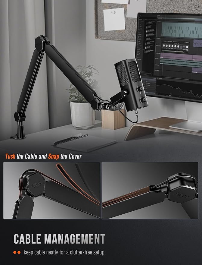 FIFINE Mic Arm Stand, Microphone Boom Arm with Desk Clamp, Cable Channels, 3/8" to 5/8" Threads, Heavy Metal Microphone Stand for Podcast, Vocal Recording, Gaming-BM66 Black