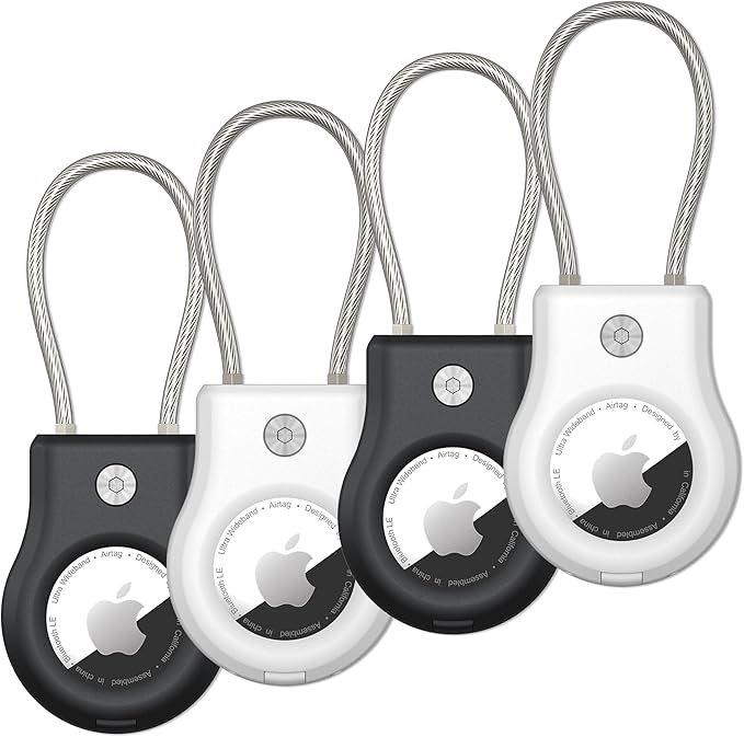 SCALLOP Airtag Keychain Holder 4 Pack, Air Tag Lock Case Holders with Wire Cable, Sturdy Protection Airtag Key Chain, Compatible Apple Airtag for Key Ring,Keys, Luggage
