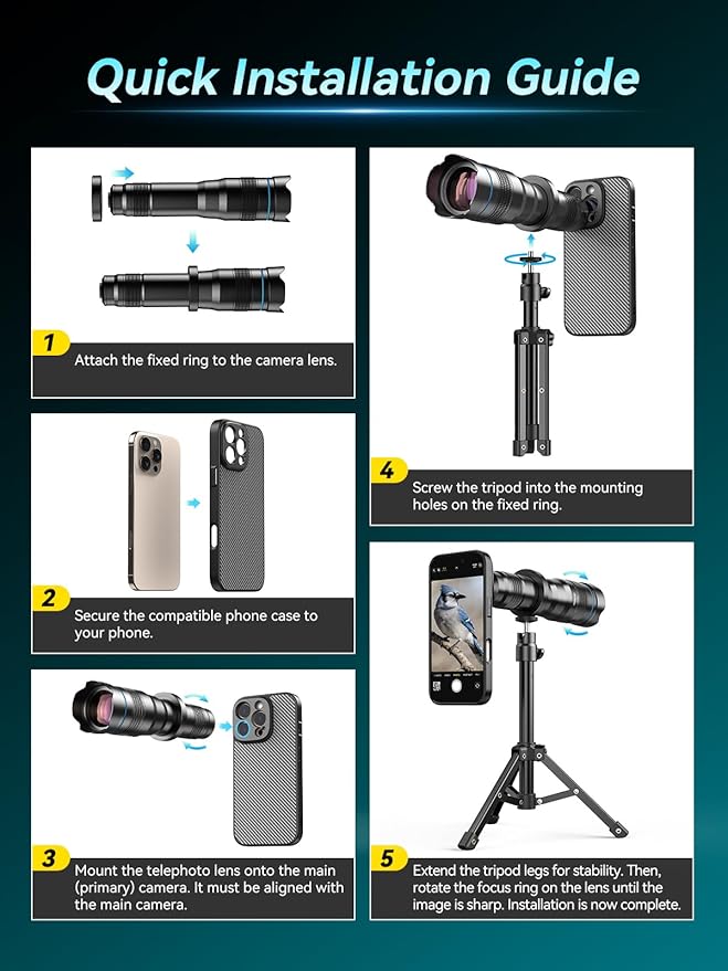 APEXEL 36x Telephoto Lens Compatible with iPhone 16 Pro Max | Photography for Travel, Birdwatching, Exploration | Kit with Sturdy Metal Tripod and Threaded Phone Case