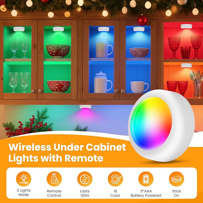 LED Puck Lights with Remote Control, 16 Color Changing Wireless Under Cabinet Lighting with Dimmer & Timer, AAA Battery Operated,Under for Closet Bedroom Kitchen, Stair (12 Pack Black)