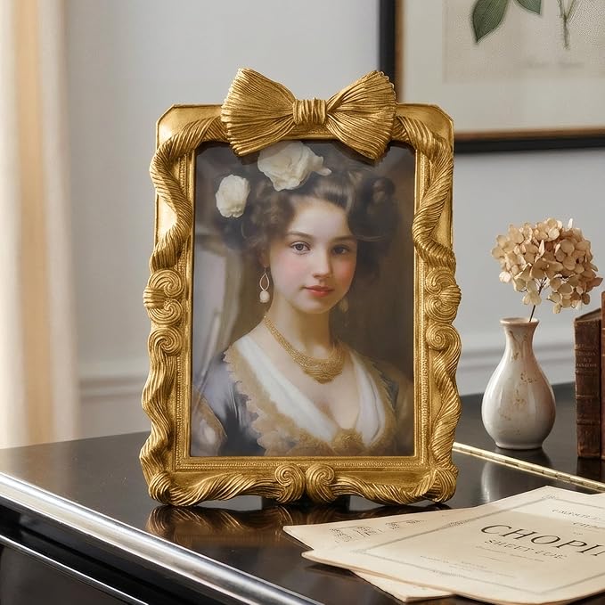Cuspin 5x7 Picture Frame Gold Bow Frames, Vintage 5 by 7 Photo Frame with Bowknot Design, Ornate Handcrafted Resin Antique Frame with Glass Front for Wall and Tabletop Display, Home Decor, Gift Ideas