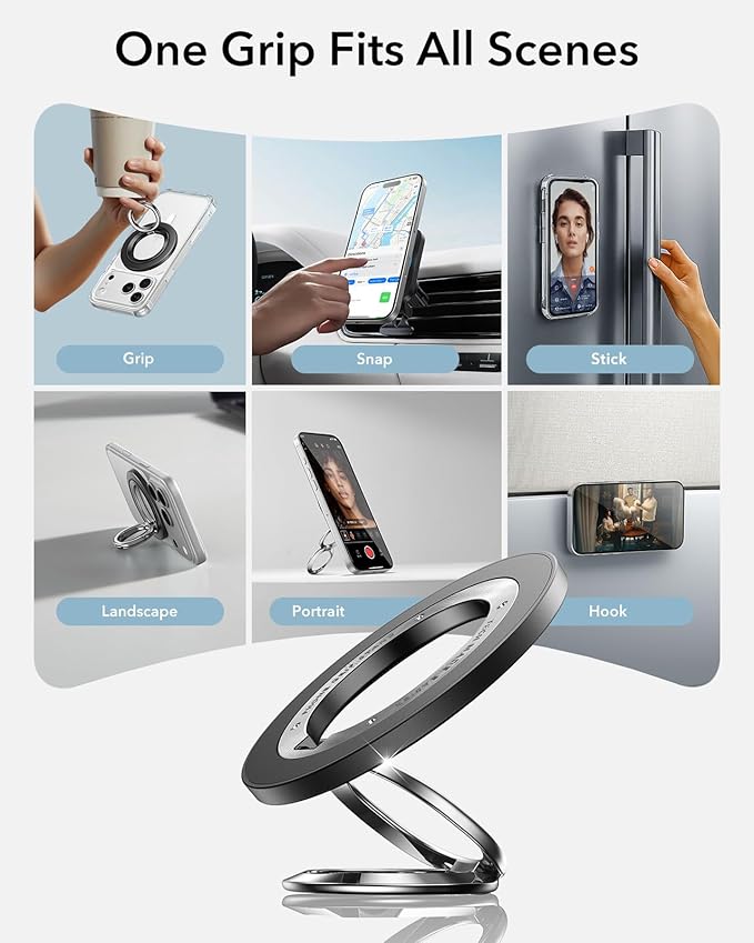 ESR for MagSafe Phone Grip, Dual-Side Magnetic Phone Grip,360° Adjustable Thin Magnetic Ring Holder Stand,for iPhone 17 16 15 14 13 12, Samsung,All Phones, MagSafe Accessories (2 Metal Rings Included)
