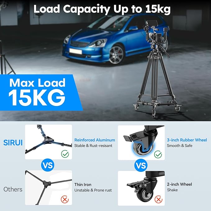SIRUI Photography Tripod Dolly, Heavy Duty Universal Tripod Wheels with 3" Rubber Wheel, Adjustable Legs, 33lbs Capacity for DSLR Cameras Camcorder Photo Video Lighting (AM-DF02)