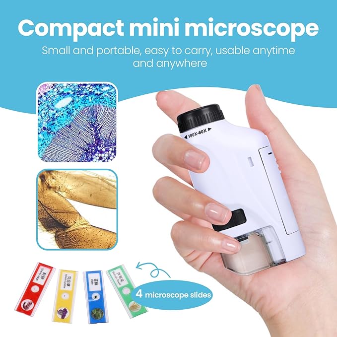 Axlksia Mini Microscope for Kids and Adults, Handheld 60x-180x LED Lighted Pocket Microscope with 4 Slides for Student Science Lab Education (White)