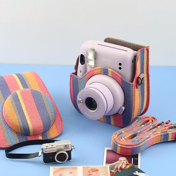 Frankmate Protective Case Fit for Fujifilm Instax Mini 12 11 9 8 Camera, PU Leather Camera Bag with Pocket and Adjustable Shoulder Strap (Color Stripes)
