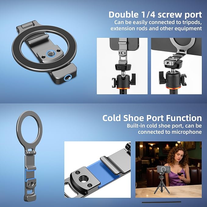 Phone Tripod Holder Mount for MagSafe, Aluminum Magnetic Mount Adapter with 1/4” Screw Hole, Cold Shoe for iPhone 17 16 15 14 13 Series for Samsung for Google Accessories