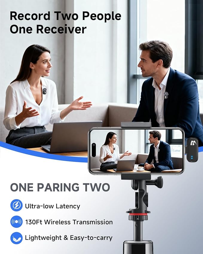 2 Pack Wireless lavalier Microphone,Mini Microphone (Lightning/USB C) Ai Noise Cancelling Hi-Fi studio-quality with Charging Case, Plug-and-Play 160ft Compact Clip-on Mic for iPhone, Android，iPad