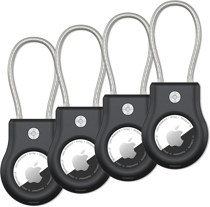 SCALLOP Airtag Holder with Wire Cable, Secure Lock Airtag Keychain,360°Protective Air Tag Case for Keys, Key Chain,Luggage Compatible Apple Air tag (4 Pack)