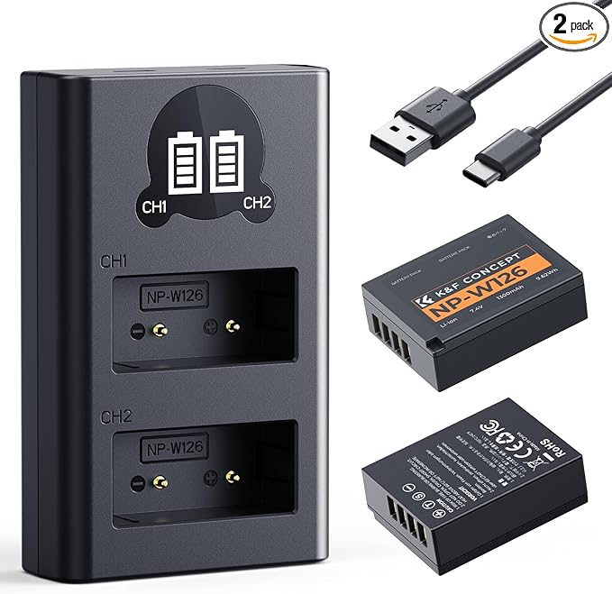 K&F Concept 1300mAh NP-W126 NP-W126S Battery and Charger for Fujifilm XM5, X100VI, X100V, XS10, XT30, XT30 II, XT20, XE4, A5, Dual-Slot Fast Charger, Type-C and Micro-USB Input, 2 Pack Battery