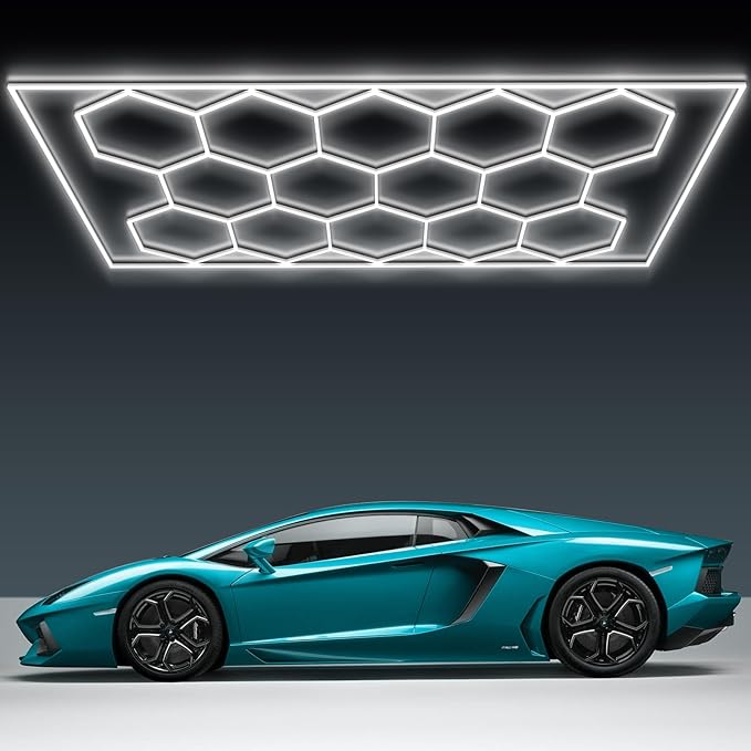 BRILLIHOOD Hexagon Garage Lights Honeycomb LED Hex Light, 672W, 80640LM, 6500K Super Bright, 14 Grid Systems Car Detailing Lights with Rectangular Frame for Garage Warehouse Workshop Basement Gym