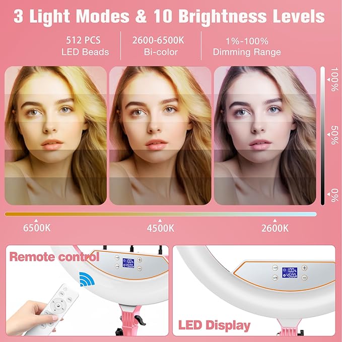 22"Ring Light with Stand,Ring Light Tripod for iPhone ipad,with 75"Tripod/LCD Display/4 ipad iPhone Clips/2 USB Ports,2600K-6500K Color Temperature,for Barber Makeup Tattoo TikTok Video Recording Vlog