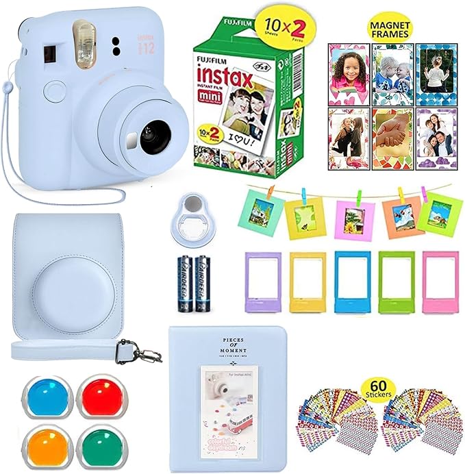 Fujifilm Instax Mini 12 Instant Camera Pastel Blue + Shutter Compatible Carrying Case + Fuji Film Value Pack (20 Sheets) + Shutter Accessories Bundle, Color Filters, Photo Album, Assorted Frames.