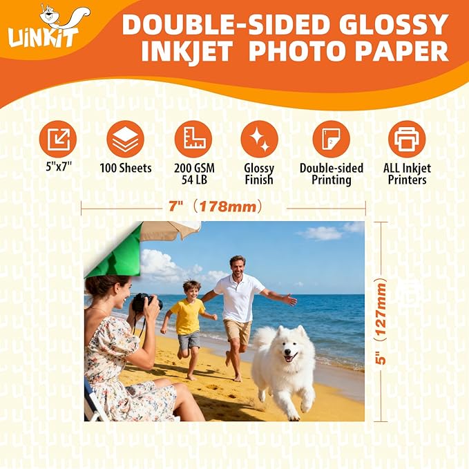 Uinkit Double Sided Photo Paper Glossy 100 sheets 5x7 54lbs Inkjet for Dye Ink 200Gsm kPicture 5 x 7 9.5Mil for Inkjet Printing Printer (100, 5x7)