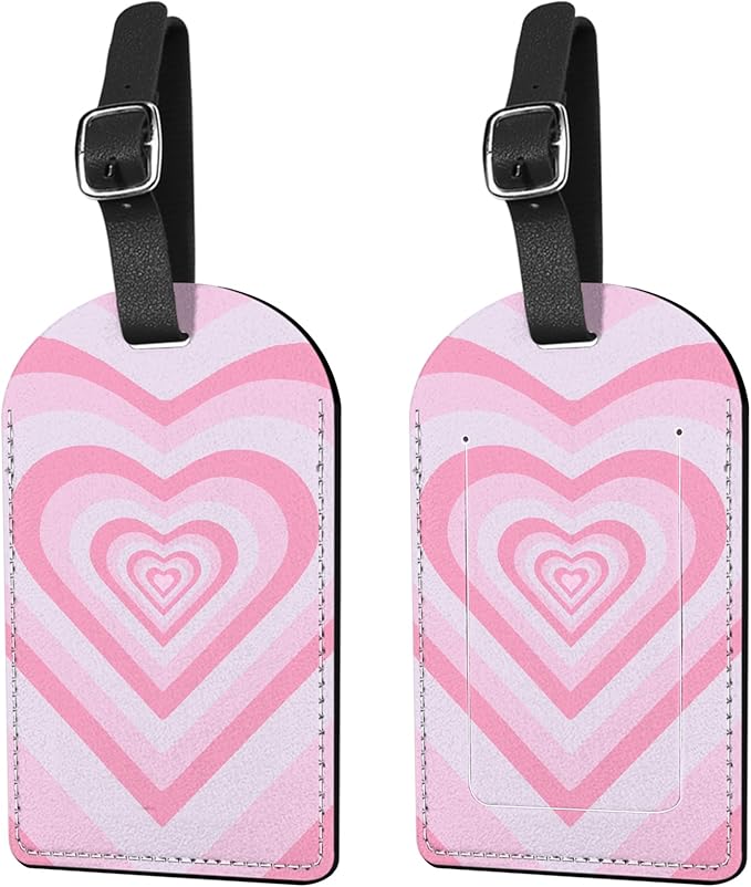 2 Pack Luggage Tag Suitcase Tags PU Leather Identifiers Privacy Cover Luggage Tags Aesthetic Cute Travel Bag Labels for Women Girls Men-Pink Heart