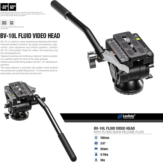 Leofoto Professional Fluid Video Head with Flat Base and Adjustable Handle, Fluid Dampened, 360º Panning with Pan Lock, Heavy Duty for Video Cameras, Weight 0.75kg/1.65lb, Load up to 11lbs (BV-10L)