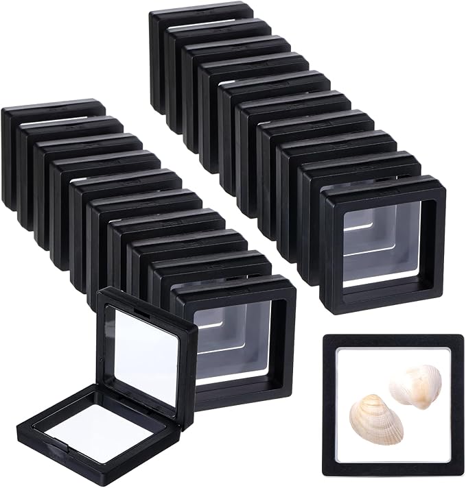 Oqqlin 60 Pcs 3D Floating Display Case, 2.8 x 2.8 x 0.8 Inch Clear PE Film Jewelry Display Case Black Square Coin Holder for Jewelry, Rings, Antique Challenge Coins, Shells, Rocks, Specimen