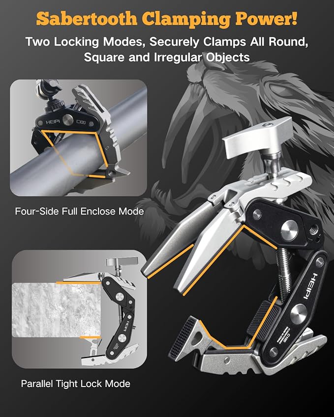 HEIPI Super Clamp Phone Camera Mount Holder 2-in-1 Clamp & Stand Design with 1/4"-20 & 3/8"-16 Screw Mount Adapter Holder Max Clamping 3.93 inch for Tripod Accessories, Phone, Action, DSLR Camera