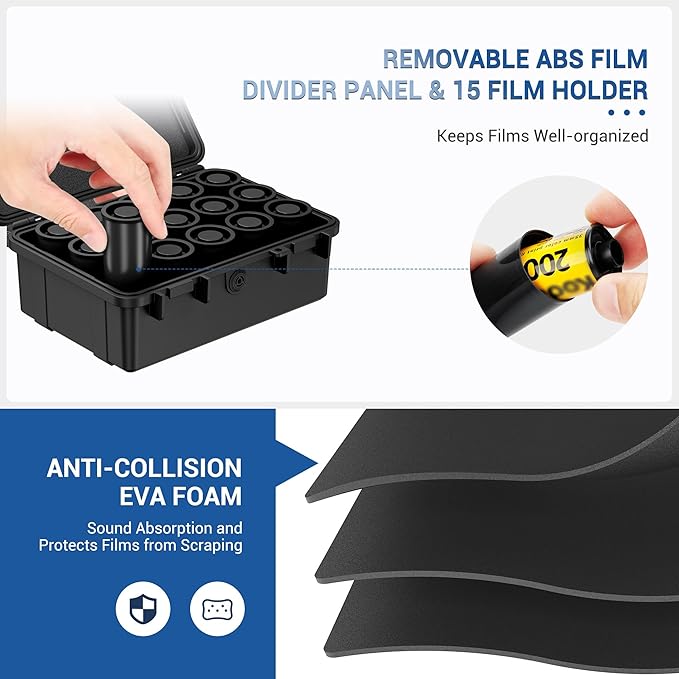 JJC Sturdy Secure 35mm Film Case Canister Holder with 15 Rolls Film Canister,IP67 Waterproof 35mm Film Container for 15 Rolls135 Film