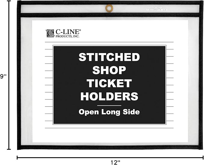 C-Line Stitched Shop Ticket Holders, Both Sides Clear, Open Long Side, 12 x 9 Inches, 25 per Box (49912)