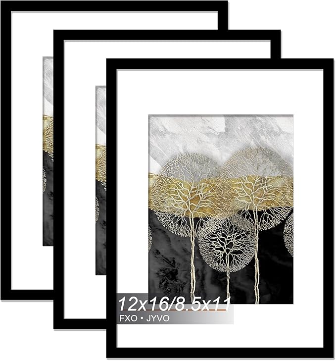 12x16 Picture Frame Set of 3, Display Poster 8.5 x 11 with Mat or 12 x 16 Without Mat, Light Weight and High Transparent 12 by 16 Frame for Wall - 3 Pack/Black/12 x16