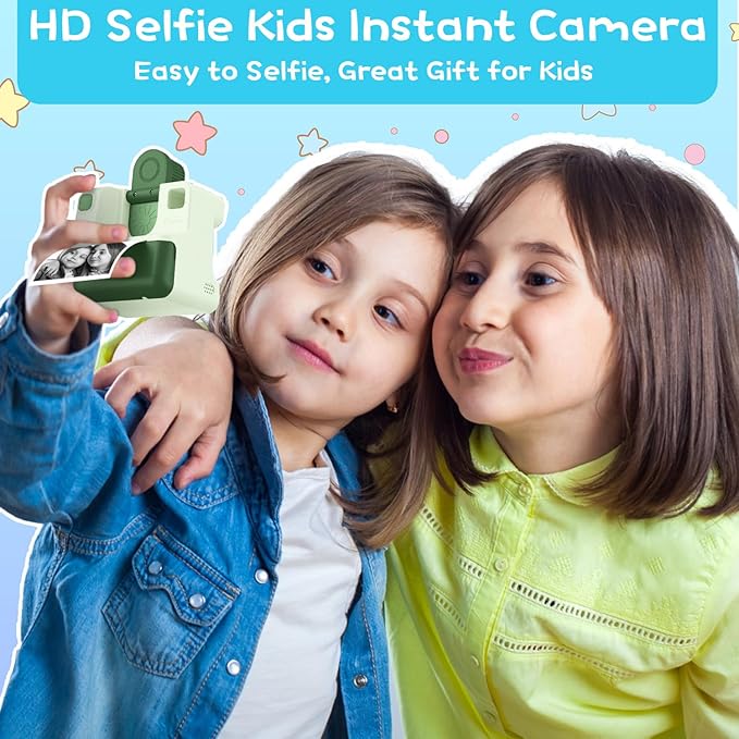 Kids Camera Instant Print, Christmas Birthday Gifts for Girl Boys 3-12 Years Old, FHD Selfie Digital Video Cameras Toddler 3 Rolls Print Paper & 32G Card (Retro, Green-White)