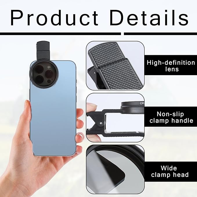 52mm Clip-On Cpl Phone Camera Lens Filter, Enhance Photo Quality,Polarizer Circular Filter,for Photography Enthusiasts,Ultra Slim Multi- Coated Cpl Filter Compatible with iPhone 15/14/13 Samsung