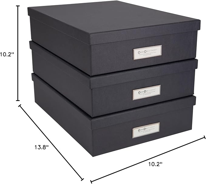 Bigso Oskar Fiberboard Label Frame Document Letter Box - File Organizer Box for Important Paperwork - Document Storage with a Lid & Label Window - 3.3 in x 10.2 in x 13.8 in - 3 Pack - Dark Grey