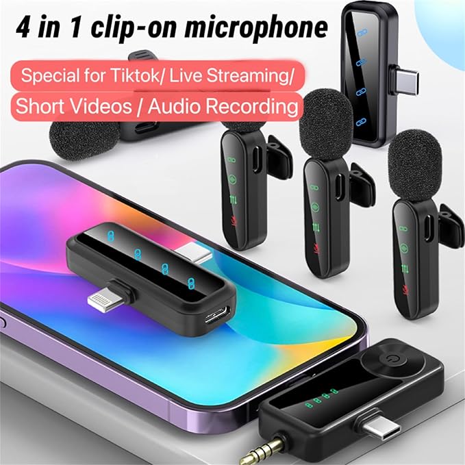 3 in 1/Four in one Wireless Lavalier Microphone for iPhone,iPad,Android,Camera,computer,mini Noise Reduction Recording Mic Ultra-Low Delay,for Vlog/ TikTok/YouTube Live Stream (Upgrade 4mic)