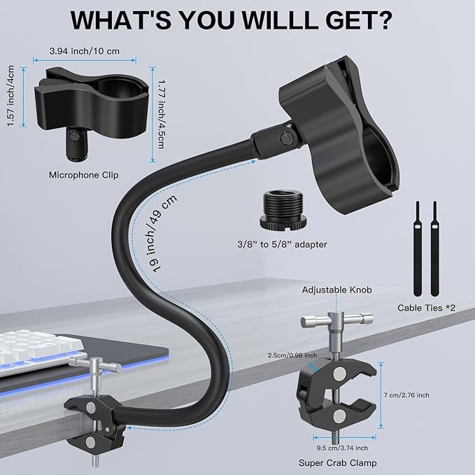 ZealSound Gooseneck Microphone Stand with Clamp, Flexible 19'' Boom Arm Mic Mount for Desk & Pipes, Compatible with Blue Yeti, Snowball, Razer, Pyle, Podcasting & Streaming