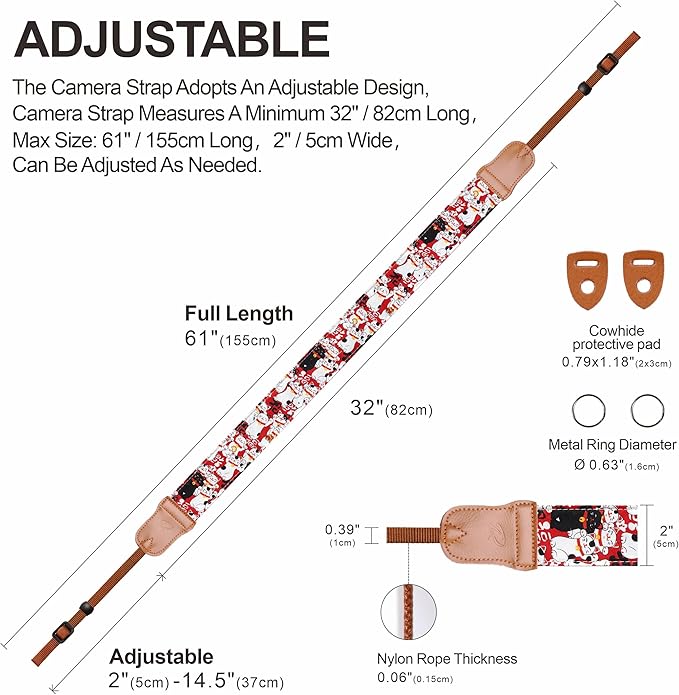 Padwa Lifestyle Red Cat Animal Print Camera Strap - 2" Double Layer Cowhide Head Woven Cotton Strap,Vintage Universal Neck & Shoulder Camera Straps for Photographers and All DSLR Cameras