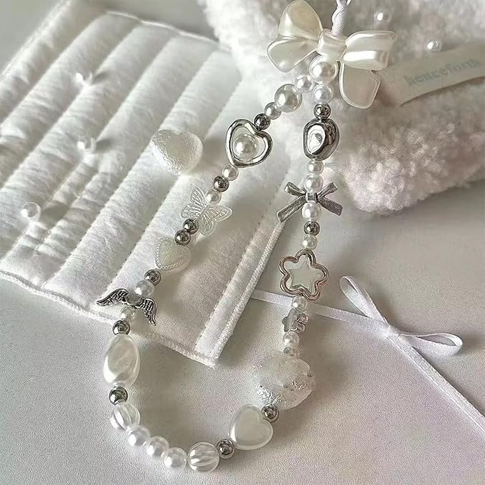 2 Pcs Phone Charm Strap Hand for iPhone Wrist Strap Camera Lanyard Pearl Beaded Cute Chain String Accessories Universal for iPhone 17 Pro 16 15 Samsung Women Girls Keychain Pearl Heart and Butterfly