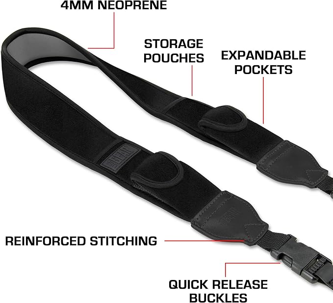 USA Gear TrueSHOT Camera Strap Neoprene Camera Straps - Padded Neck Strap, Pockets, and Quick Release Buckles - Compatible with Canon, Nikon, Sony and More DSLR and Mirrorless Cameras (Black)