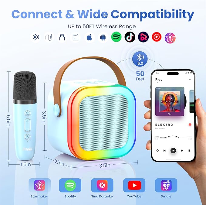 Mini Karaoke Machine for Kids Adults, Portable Bluetooth Speaker with 2 Wireless Karaoke Mics Player,2026 TOP Birthday Gifts Toys for Girls 3,4, 5, 6, 7, 8+Years Old Toddler(Light Blue)