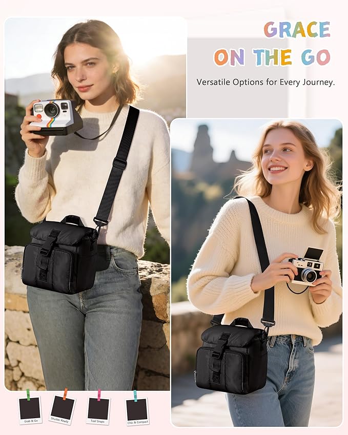 Instant Camera Case Compatible with Polaroid Now 3rd and Go Gen2 Series, Protective Camera Sling Bag with Adjustable Strap and Pockets, Black