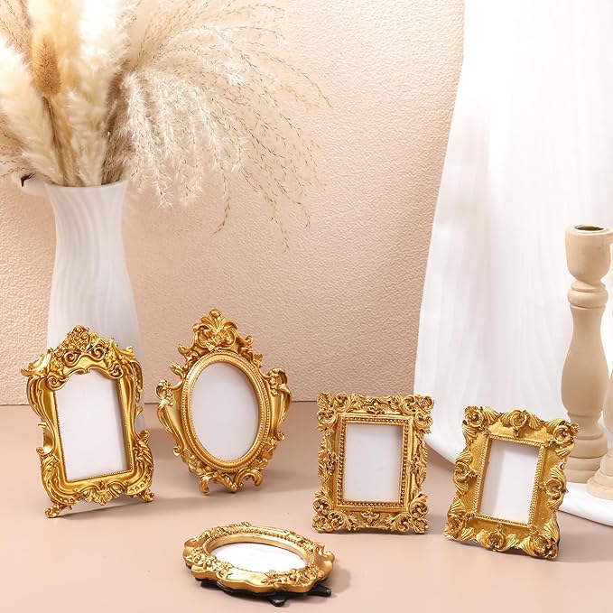 Maitys 50 Pcs Mini Picture Vintage Frames with Stands Tiny Antique Photo Baroque Ornate Resin Oval Frame Table Top Display Home Wedding Decor (Gold)