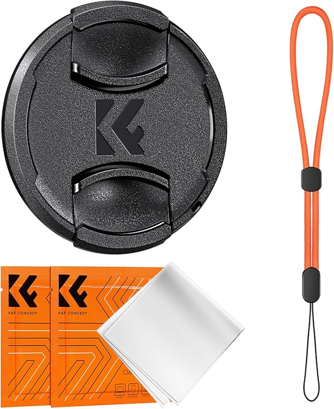 K&F Concept 46mm Lens Cap Cover, 4-in-1 Center Pinch Lens Cover + Anti-Loss Keeper Leash + Microfiber Cleaning Cloth Kits Compatible with Canon, Sony, Fujifilm Camera Lenses