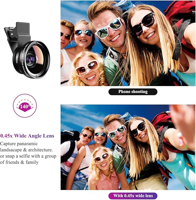 Apexel Phone Camera Lens, 2 in 1 Cell Phone Clip-on Lens Kit 0.45X Wide Angle Lens 140°+ 12.5X Macro Lens Clip-on iPhone Lens for iPhone Samsung and Most of Android Smartphone