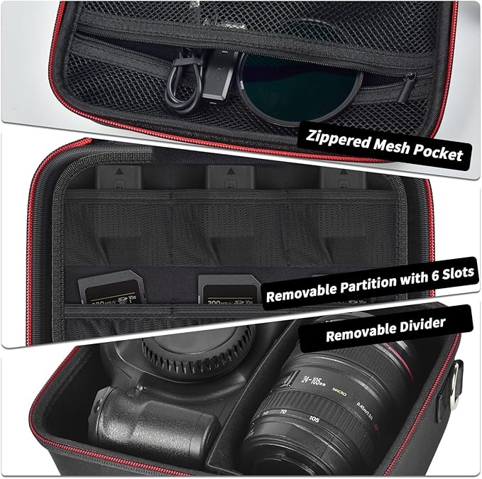 Comecase Hard Camera Case for Canon EOS Rebel T7 R50 R100 R10 R5 R6 R8 Mark II, DSLR Mirrorless Camera Bag with 6 Slots &Adjustable Divider for Lens and Accessories, Travel Storage, Black+Red Zipper