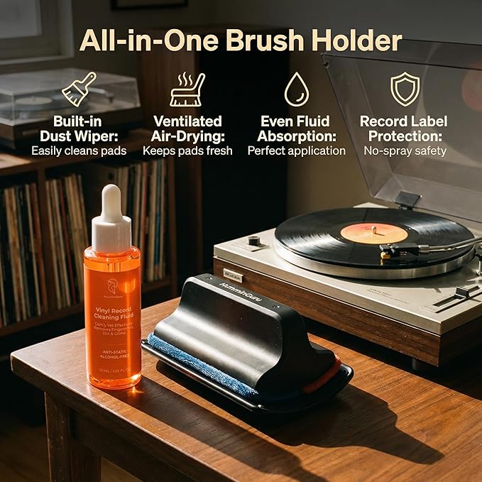 HumminGuru I-Brush Vinyl Record Cleaning Kit, Anti-Static Vinyl Record Cleaner Kit with Dual Velvet Pads Vinyl Record Brush + Alcohol-free Record Cleaning Solution + Stylus Brush + Pouch(White 5-in-1)