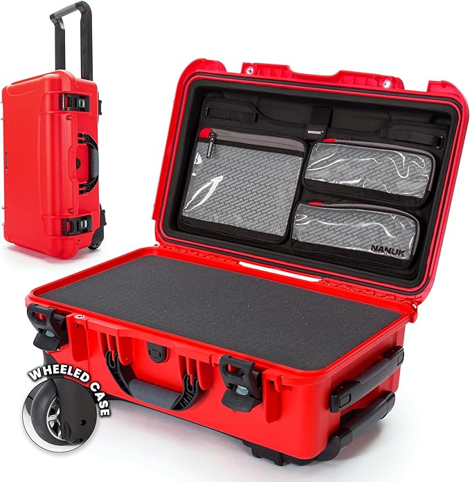 NANUK 935 Hard Case with Cubed Foam and Lid Organizer – Waterproof Protective Equipment Case with Wheels, 22” x 14” x 9” – Dustproof, Airline Carry-On Approved – Red